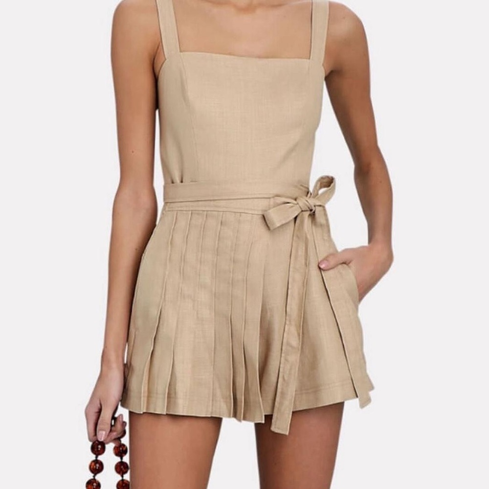 Alexis Linosa Linen Romper Khaki Tie Waist Pleated Shorts NWT L